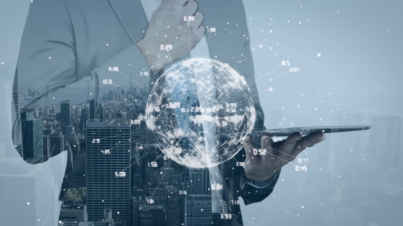 태블릿을 사용하는 코카시안 사업가에 대한 연결 및 데이터 처리와 함께 지구촌의 애니메이션