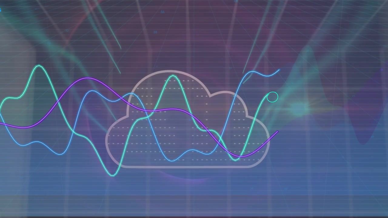 Towers rising, waveform traces drawing and cloud icon fading, visualizing server data flow in 3D