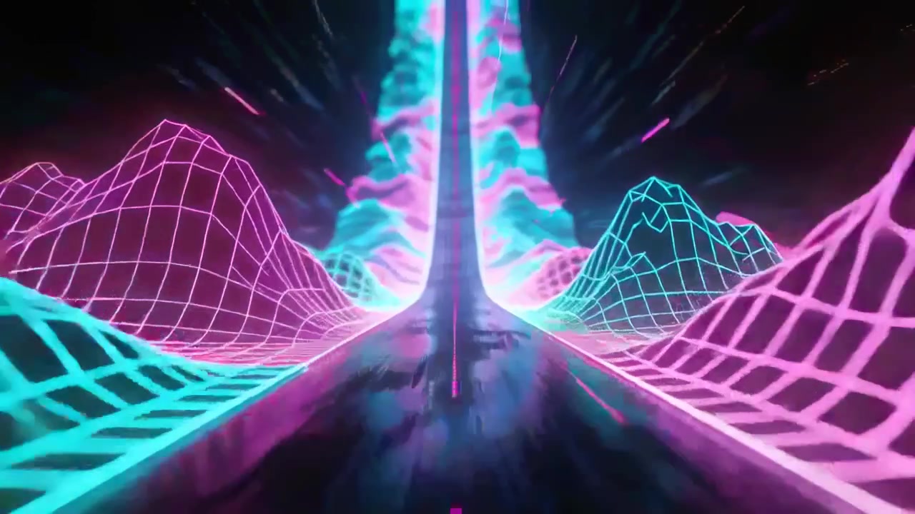Advancing glossy road toward glowing column in neon tunnel as sequence starts with magenta line