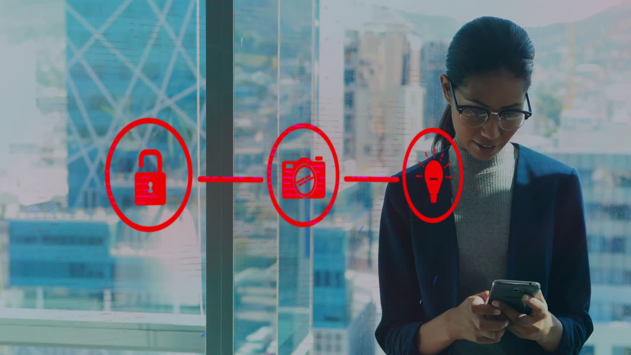 animación de una red de conexiones con iconos sobre una mujer biracial usando un teléfono inteligente