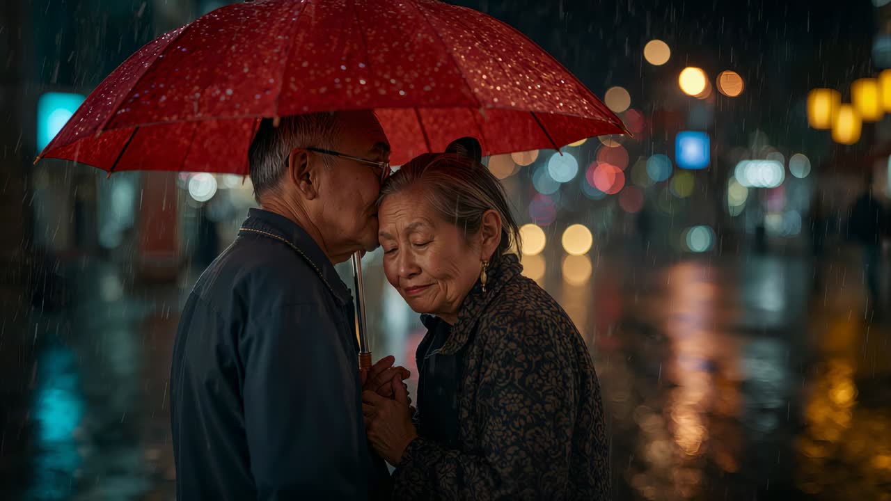 Raindrops falling, seniors pressing foreheads, leaning near-kiss under red umbrella on wet street