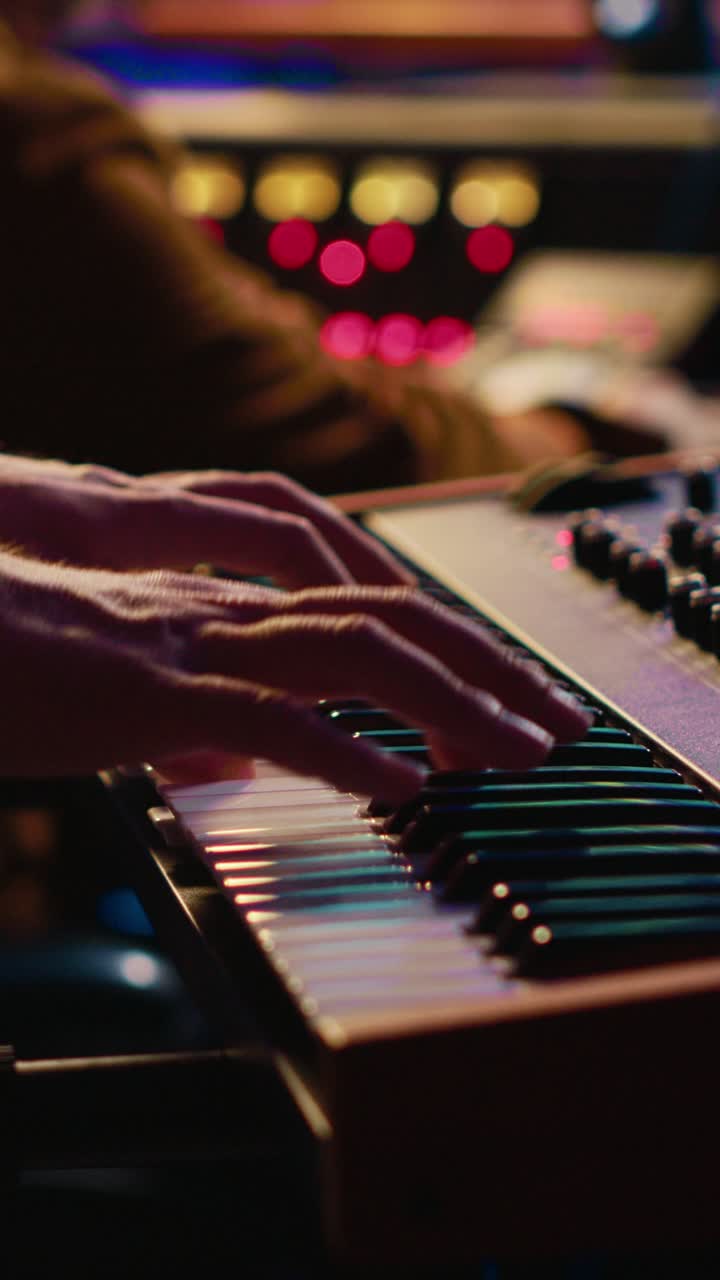 Primo piano di mani che suonano un sintetizzatore in uno studio di registrazione