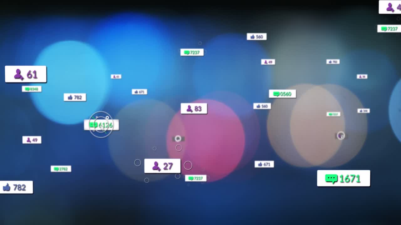 ⁇ 박이는 불빛 위에 소셜 미디어 아이콘과 숫자의 애니메이션