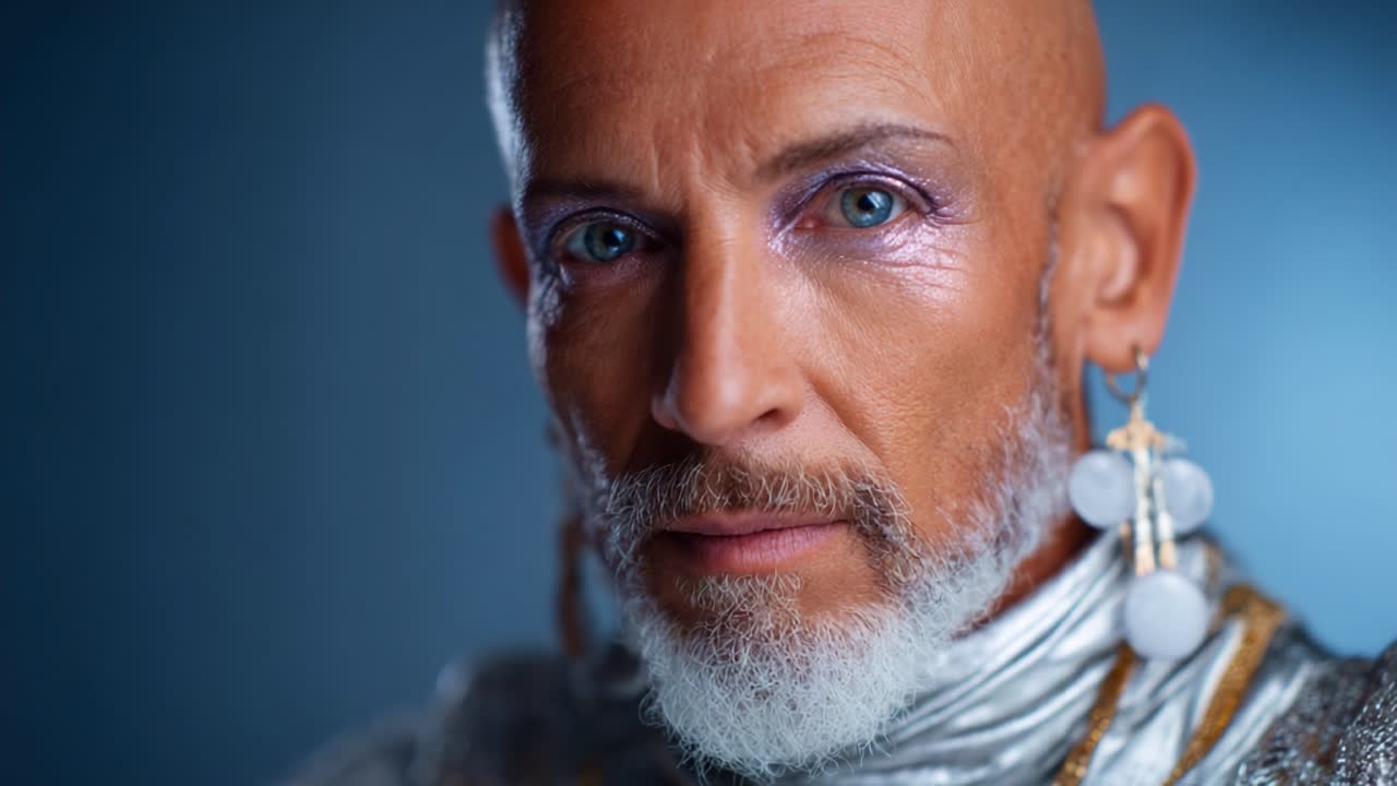 Slående nærbillede af en androgyn person med fængslende træk, der viser levende øjenmakeup, indviklede accessories og et fascinerende udtryk mod en blød baggrund
