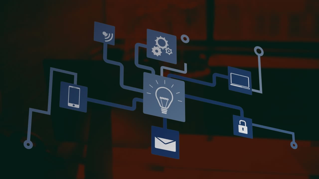 Animation of blue and white network of media and communication icons on dark brown background