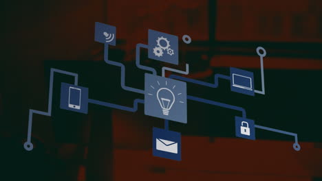 animación de la red azul y blanca de iconos de medios y comunicaciones sobre un fondo marrón oscuro.