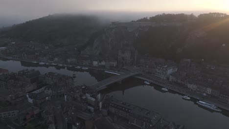 wide view of famous dinant city near meuse river, aerial