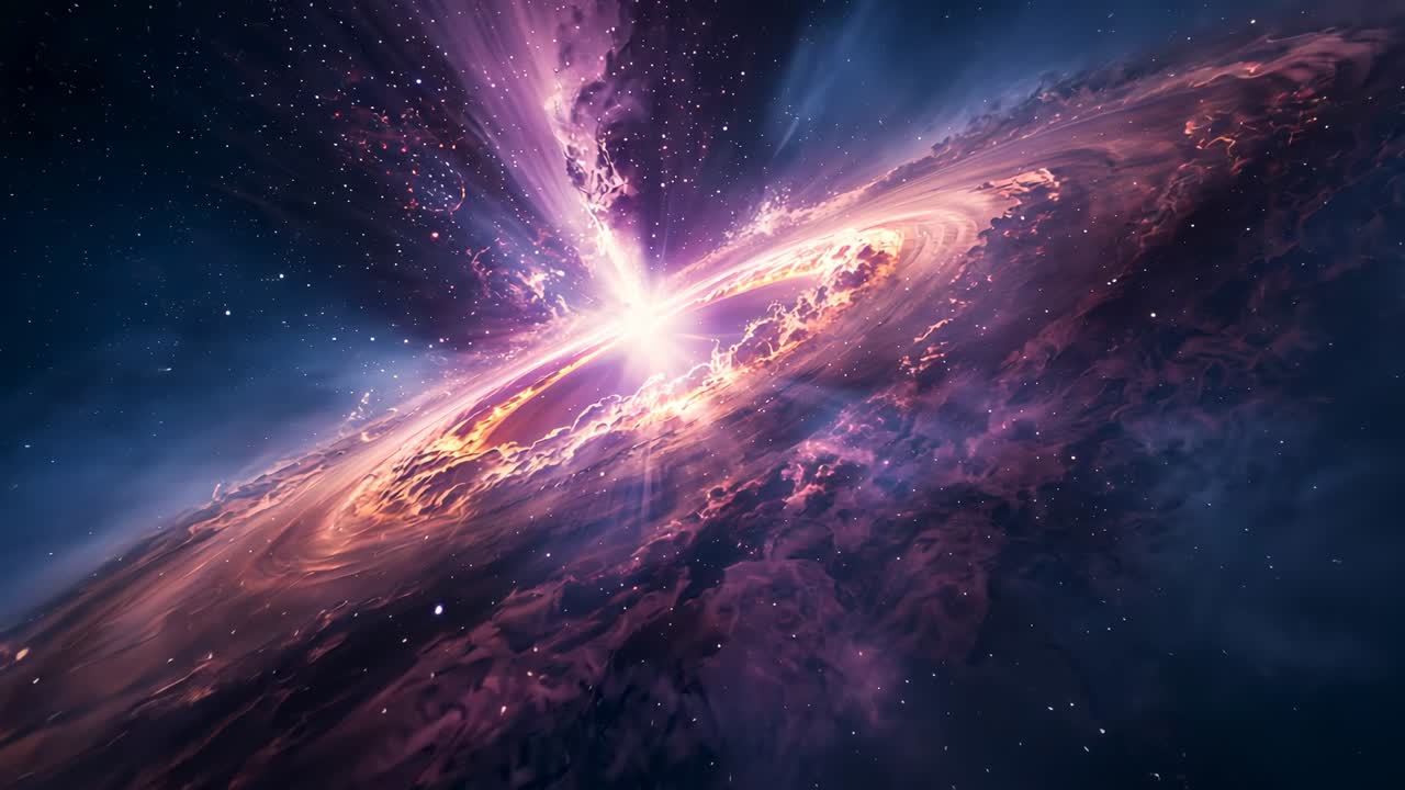 Brightening accretion disk swirling in space, with plasma jet, glowing core, filaments and stars