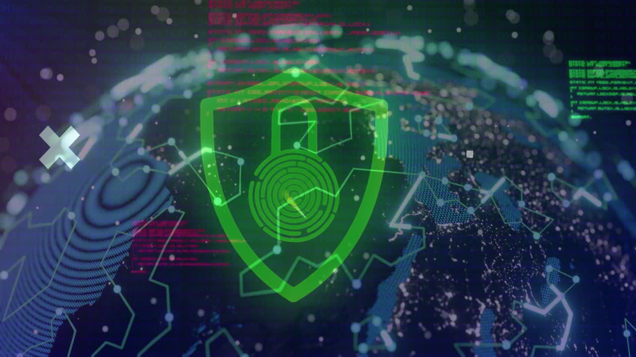 Visualizing global network, digital security shield with data processing animation