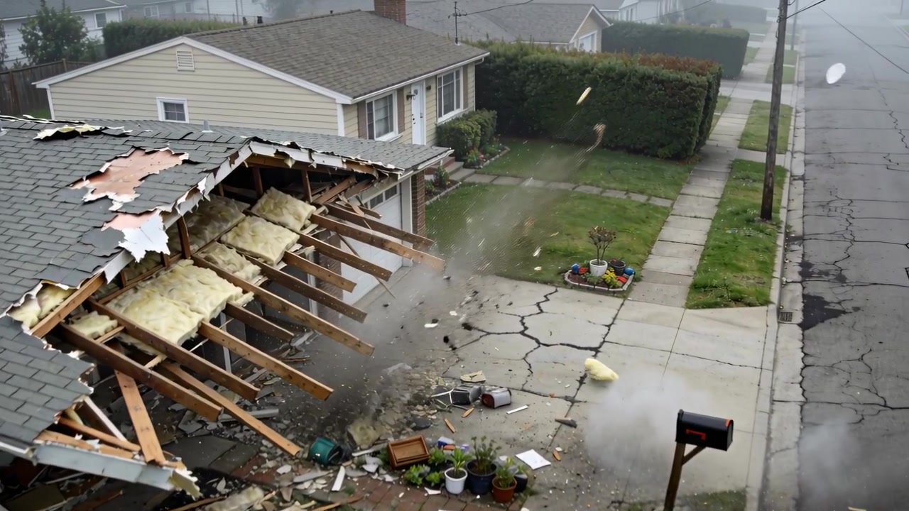 Blasting damaged garage roof ejecting shingles and yellow insulation across driveway toward mailbox