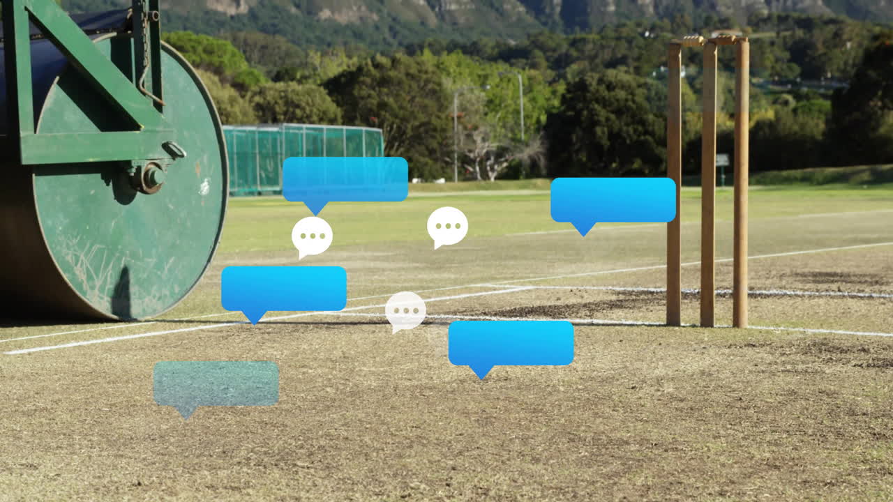 Cricket field with chat bubble animation over pitch and roller