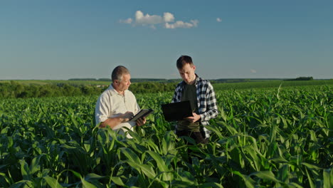 farmers inspecting corn field with technology