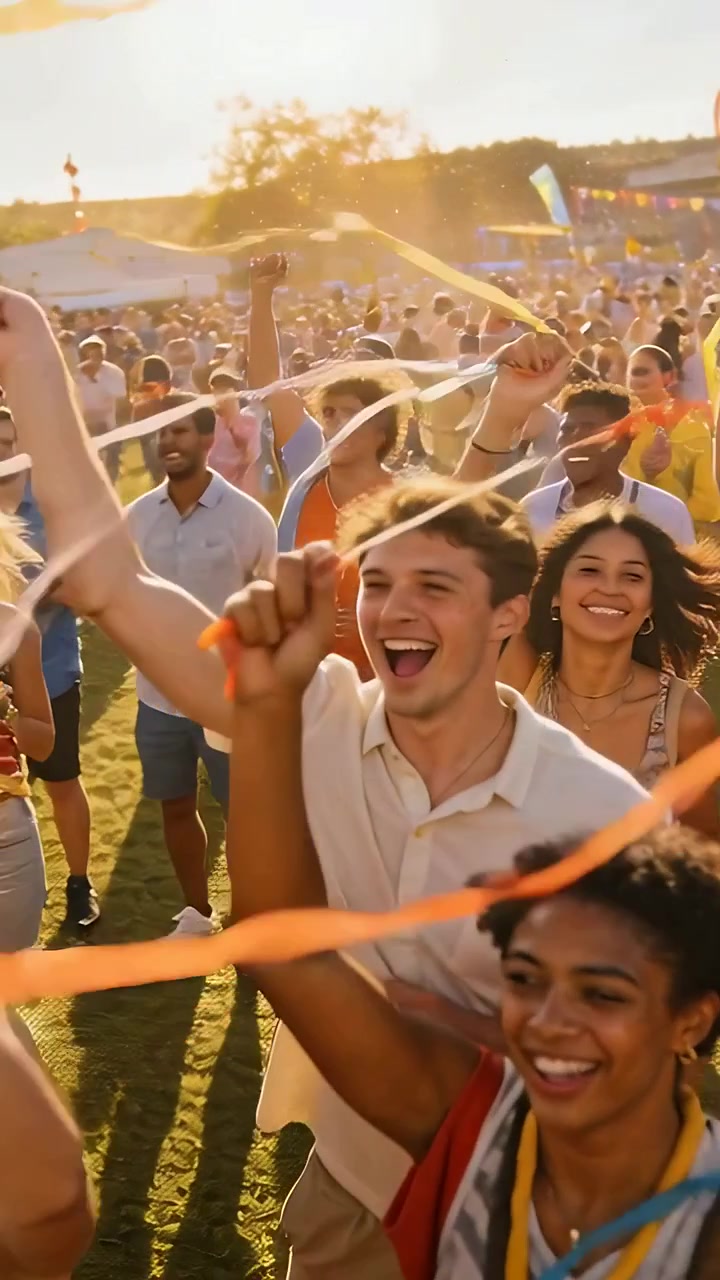 Vertikal video: Kameraet trækker sig tilbage, kvinde i orange top og menneskemængde vifter med bånd på græs
