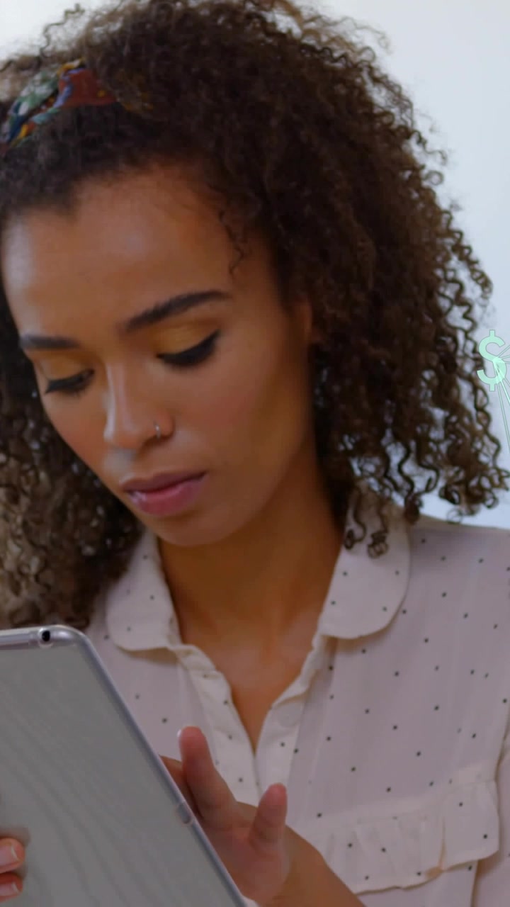 Vertical video: Holding tablet, woman tilting head while tapping and swiping, browsing content