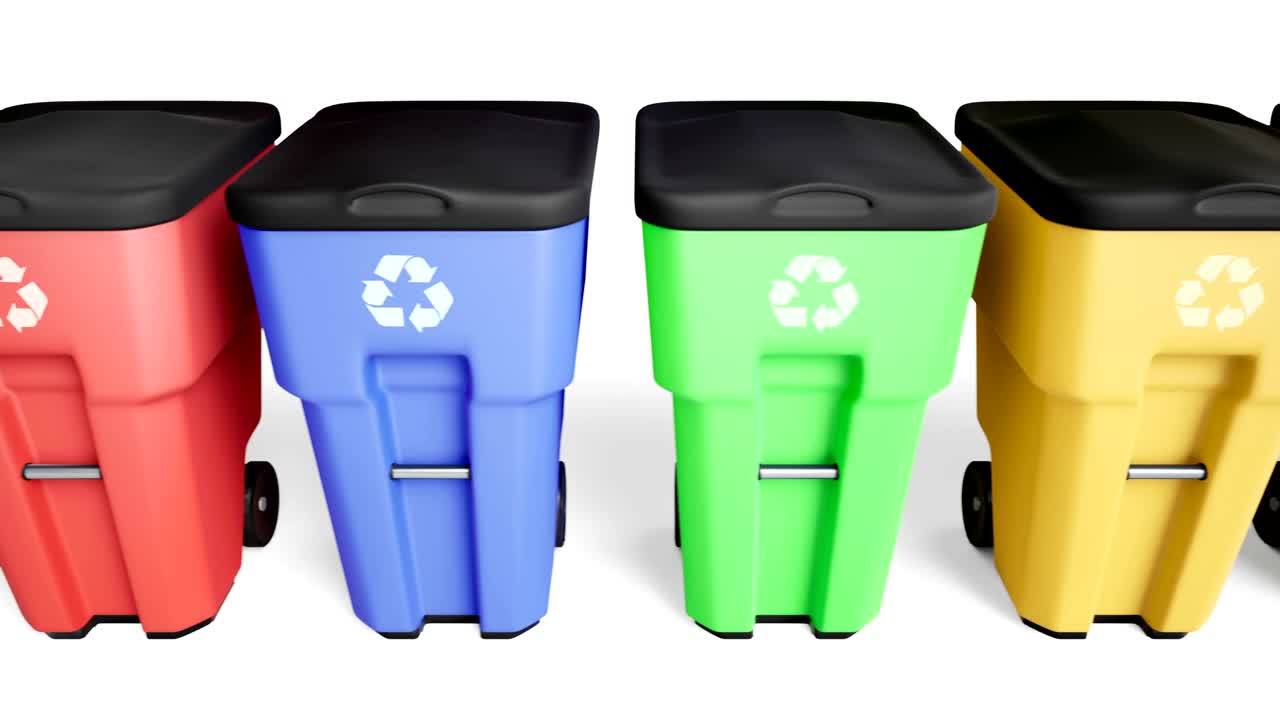Colorful plastic trash bins set in a row.