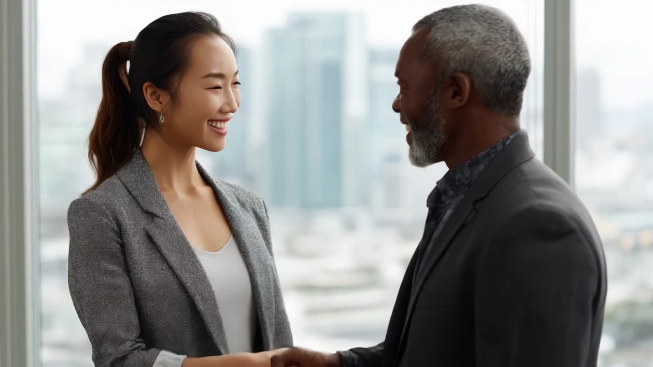 A Professional Meeting: A Confident Businesswoman Engages in a Positive Handshake with a Seasoned Businessman in a Stylish Office Overlooking a City Skyline, Symbolizing Partnership and Collaboration