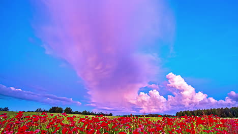 amazing pink cloud in blue sky over field of red poppies on sunny day