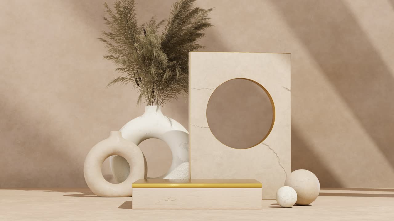 Luminous product podium with vases on white background. 3d render