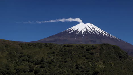 snow-capped volcano emitting smoke against a clear blue sky