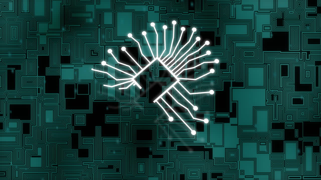 Animation of digital processor with ai text over moving shapes