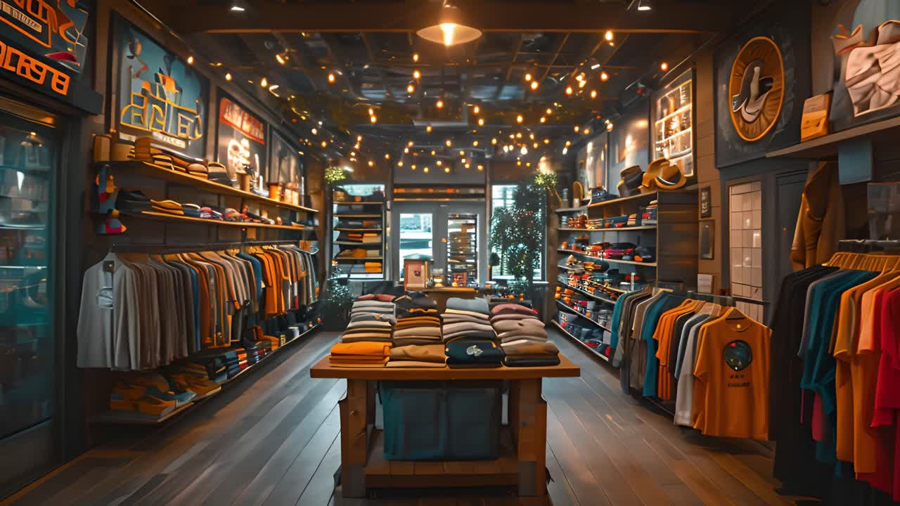 Interior view of a well-organized clothing store with merchandise displayed on shelves and racks, illuminated by string lights
