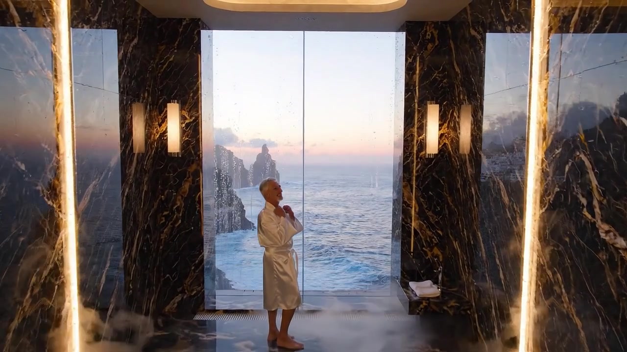 Majestätischer Meerblick von einem luxuriösen Spa-Retreat mit Dampf und Gelassenheit bei Sonnenaufgang, mit einer entspannten Person, die die Schönheit der Natur am Wasser genießt.