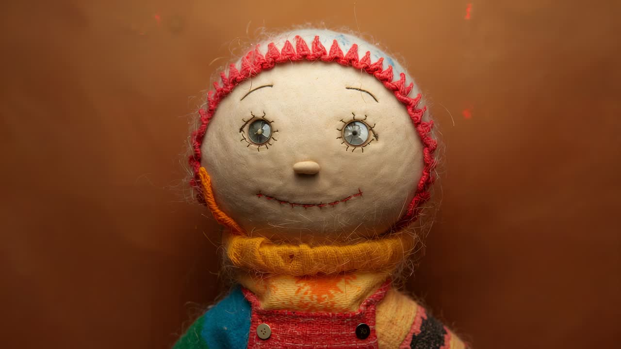Rote Flecken erscheinen, die Kamera zoomt näher an die Filzpuppe im Studio heran und enthüllt Fasern und eine rot geränderte Mütze