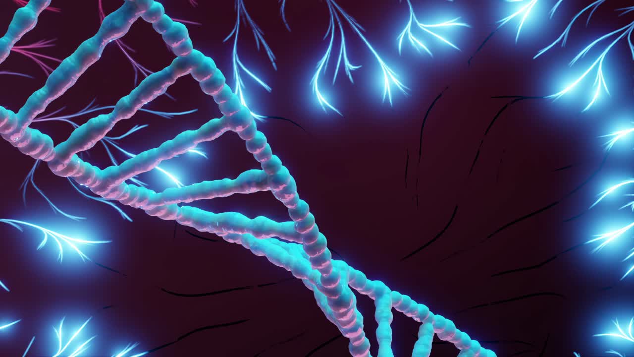 video vertical de una red neuronal pulsante con doble hélice de adn giratoria