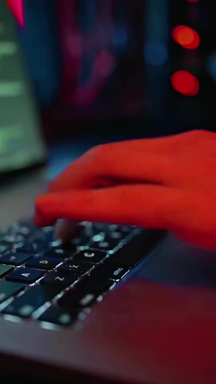 Close-up of Hands Typing on Laptop Keyboard in Dimly Lit Room