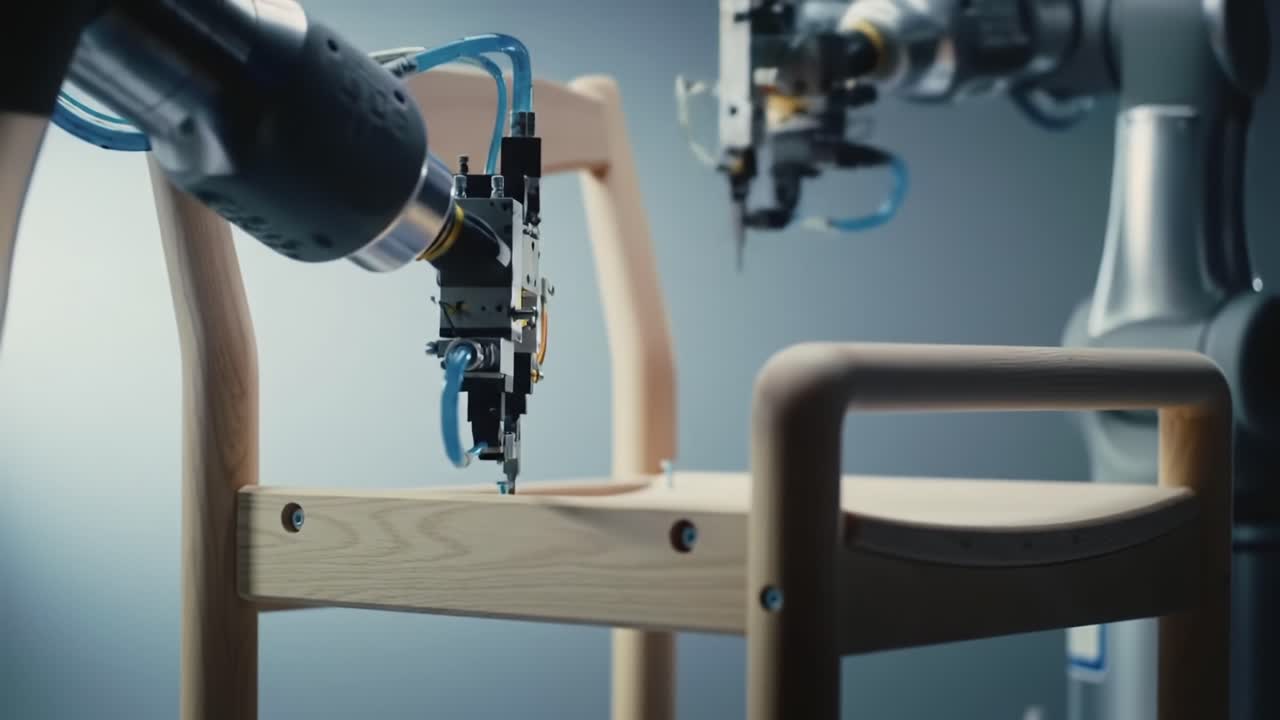 Innovative Robotics in Action: Advanced Automation Technology Assembles a Modern Wooden Chair with Precision and Efficiency