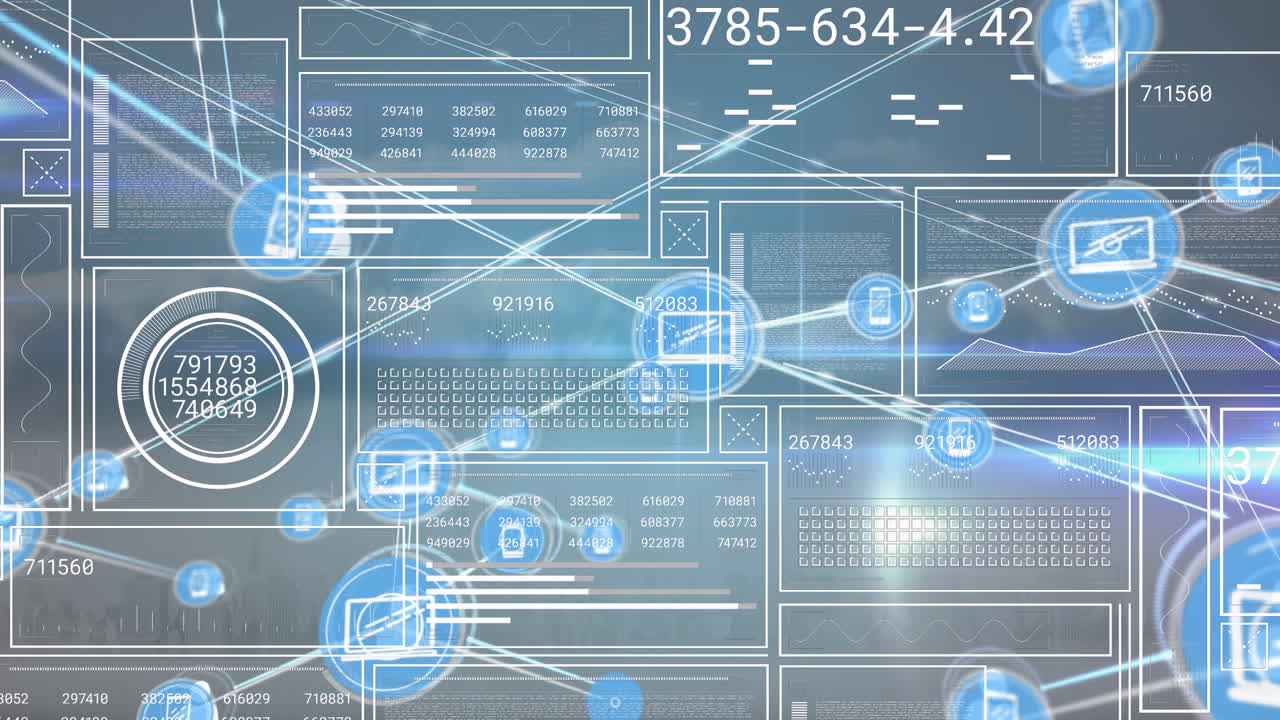 이동하는 컴퓨터 및 전화 아이콘과 라인을 연결하는 그래픽 인터페이스의 디지털 애니메이션