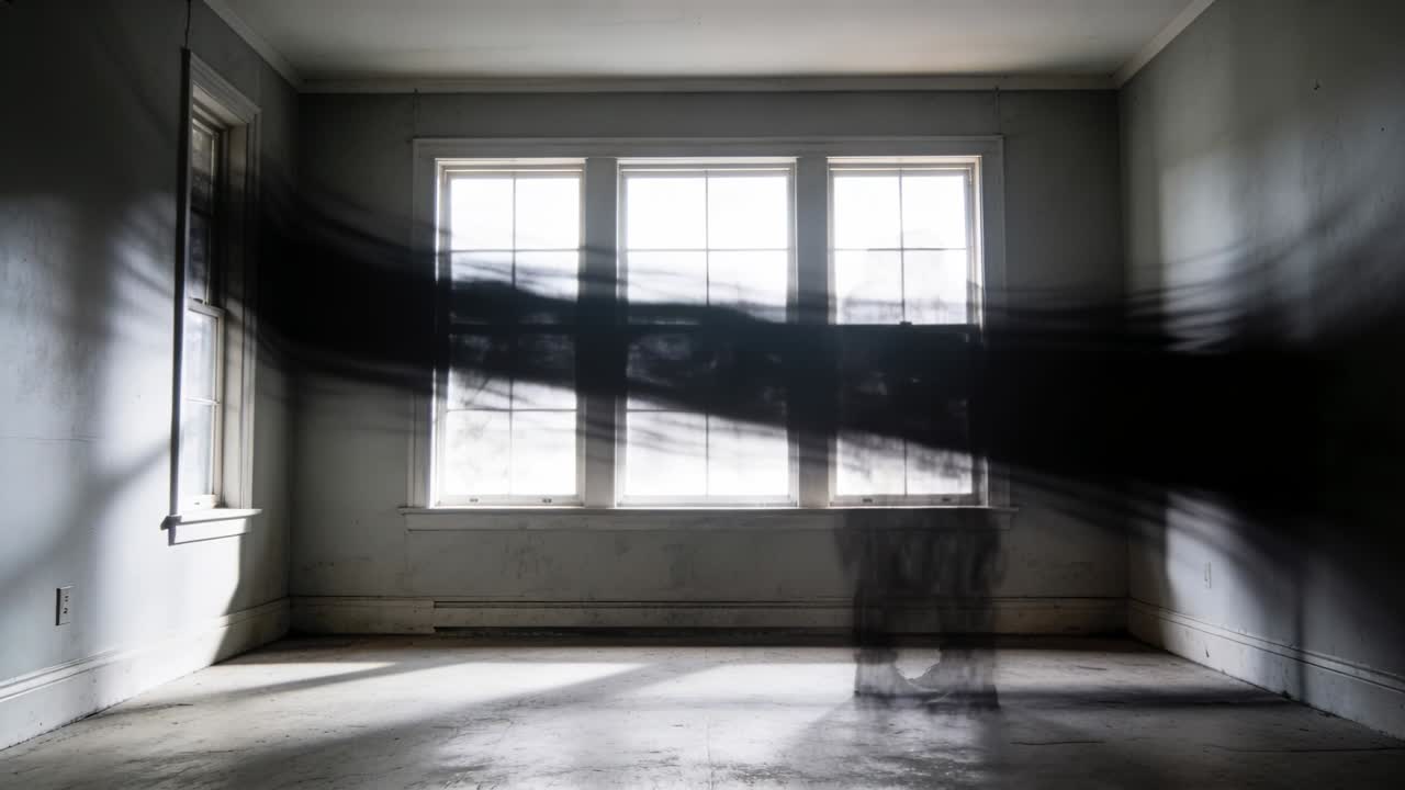 Couple hugging in room, embrace emitting dark band smoke obscuring forms smudging glass for film