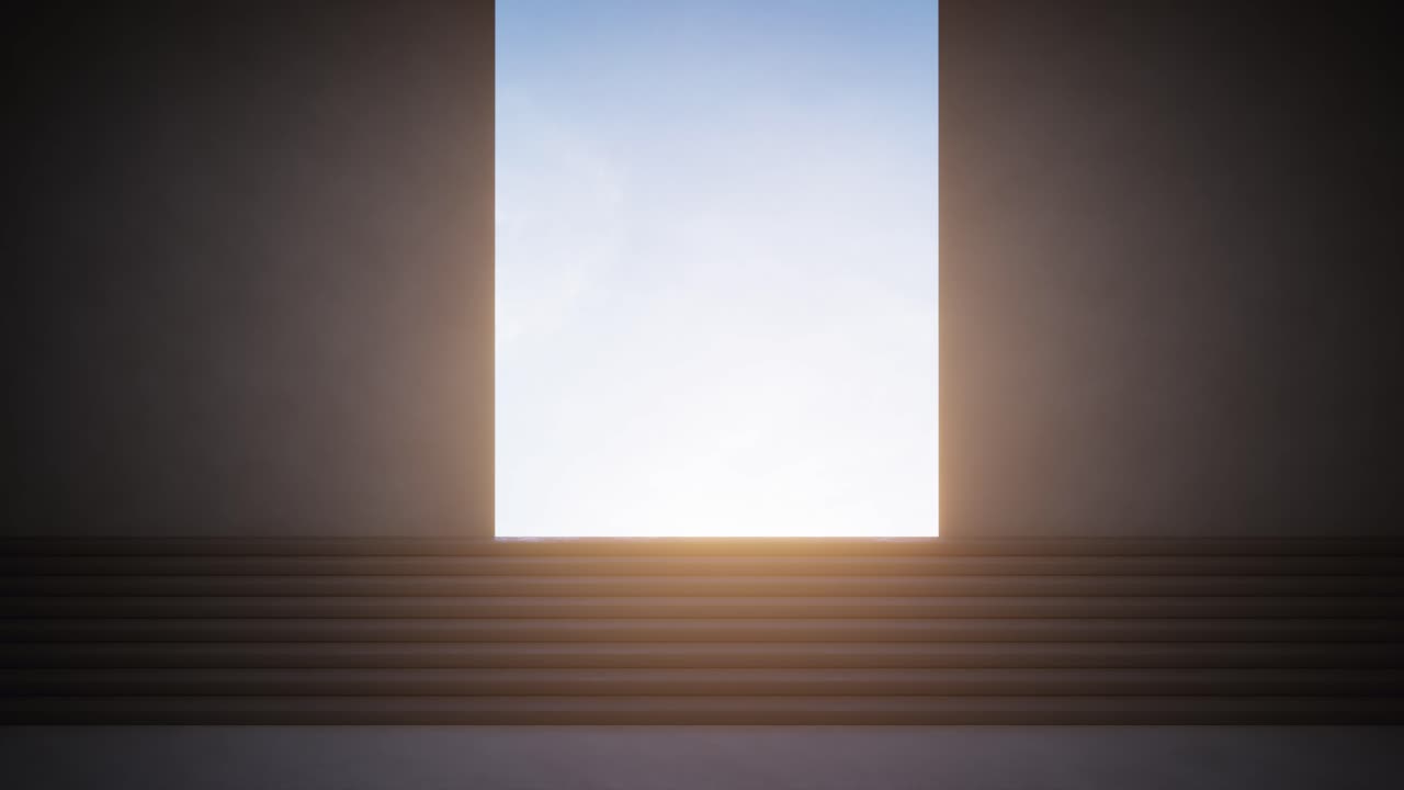 Dark Wall Opening to Reveal Bright Sky and Stairs