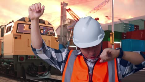 happy construction worker at a port