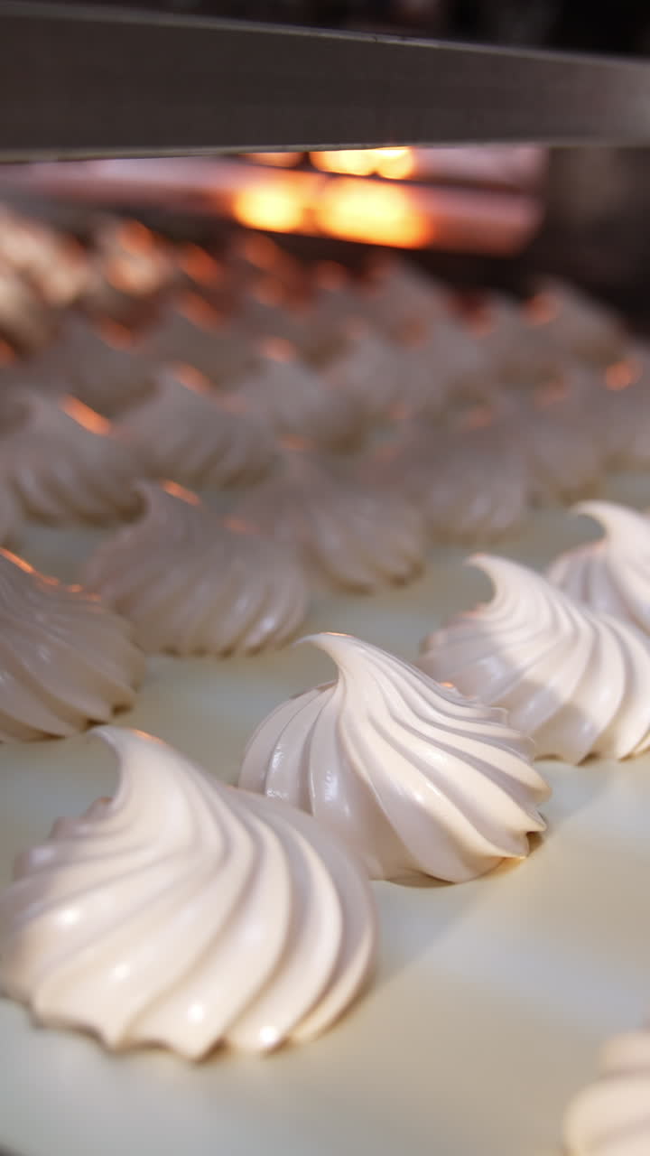 Slowly moving conveyor belt with fresh creamy marshmallows. Close up. Sweet vanilla desserts come from a dryer. Vertical video