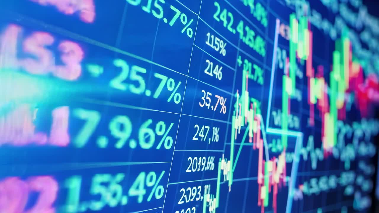 Video dinamico di dati del mercato azionario con un'angolazione ravvicinata, che mostra numeri e grafici fluttuanti.