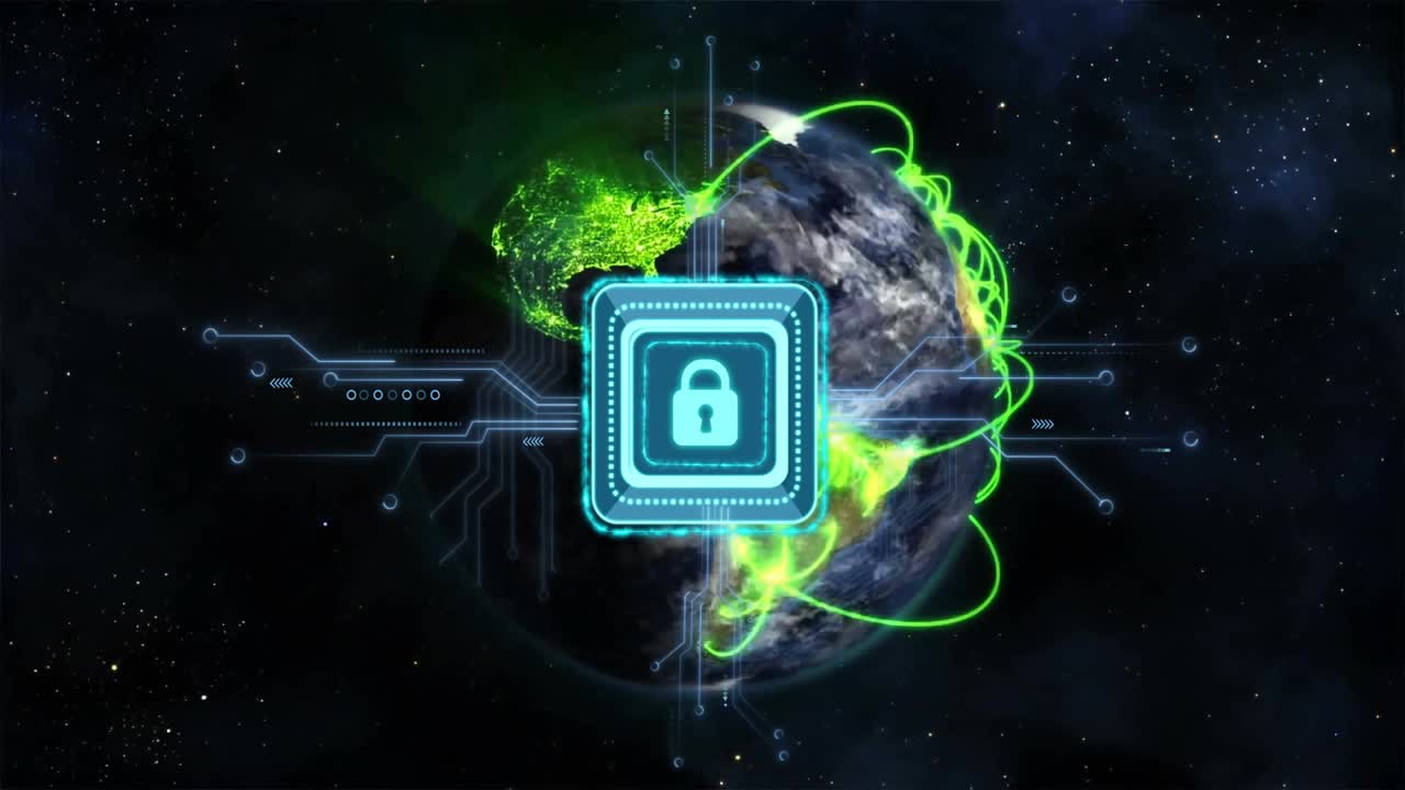 Earth floating in space showing glowing padlock inside circuit board and network arcs extending