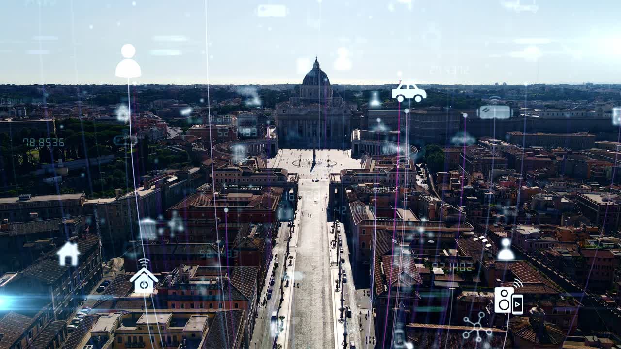 Lo storico Vaticano si fonde con i dati virtuali, rappresentando l'umanità connessa