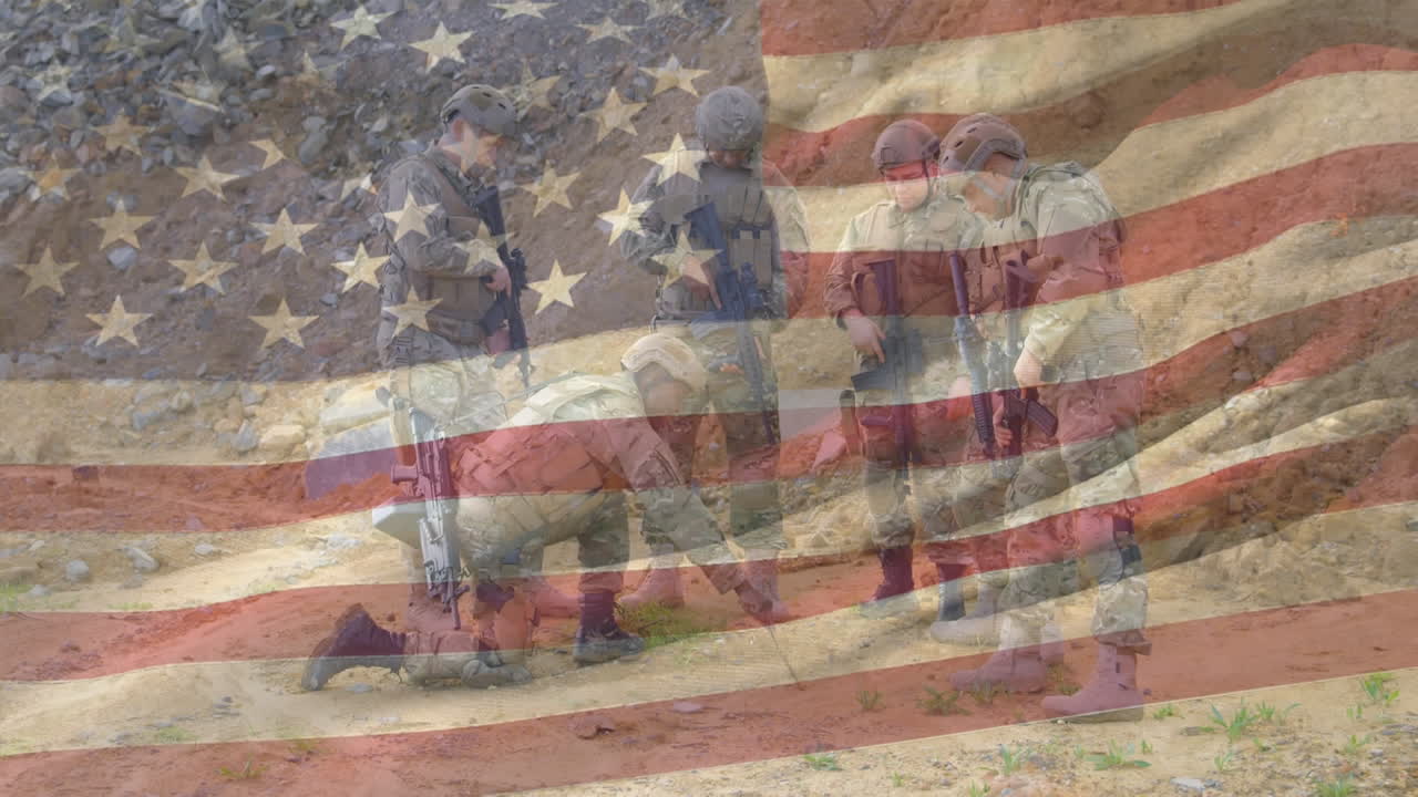 Animation of flag of usa over diverse soldiers