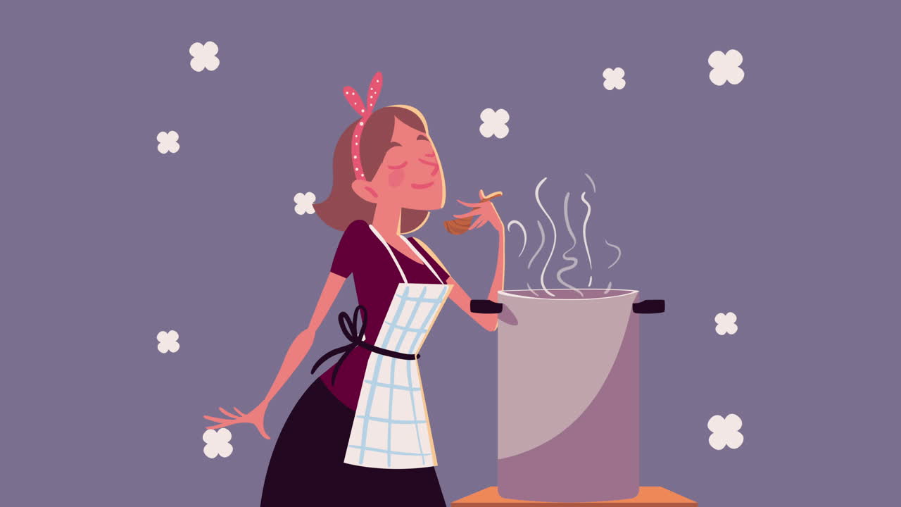 Woman cooking kitchen recipe animation | Premium Stock Video Footage