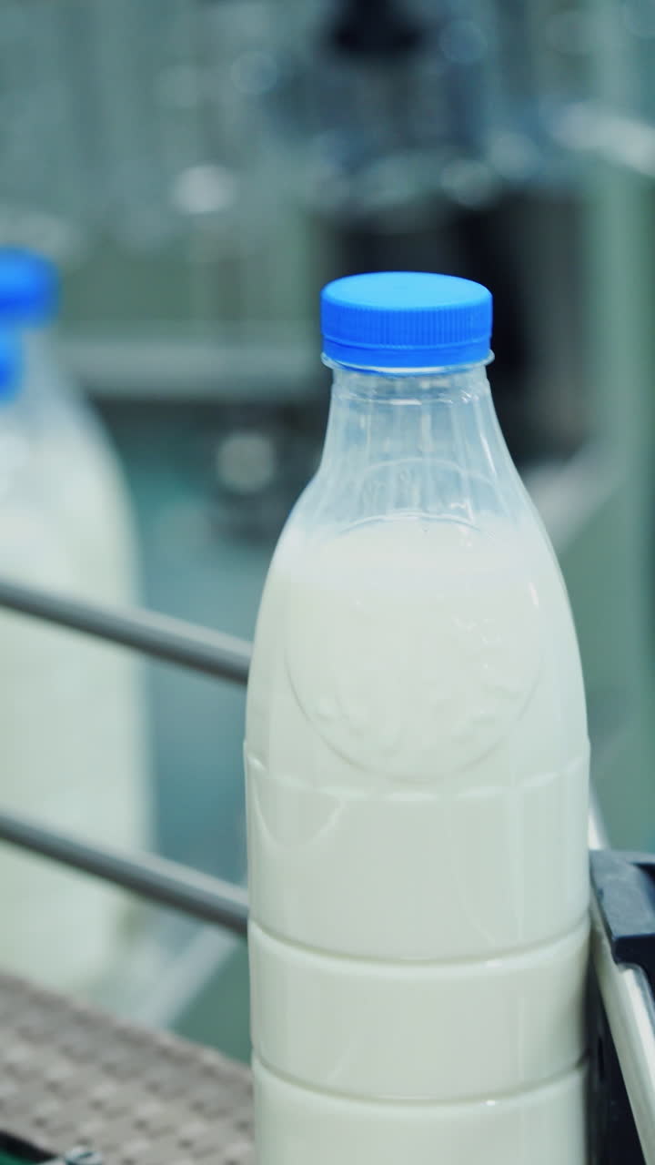 Milk bottles on conveyor belt. Slow motion of bottles with fresh milk. Beverage production line at dairy factory. Modernized milk bottling plant. Close-up. Vertical video