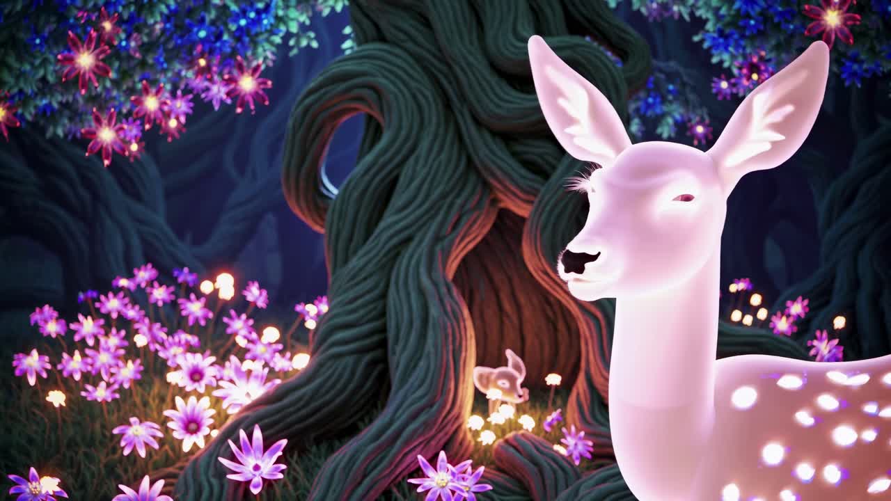 A whimsical video scene with glowing deer in an enchanted forest