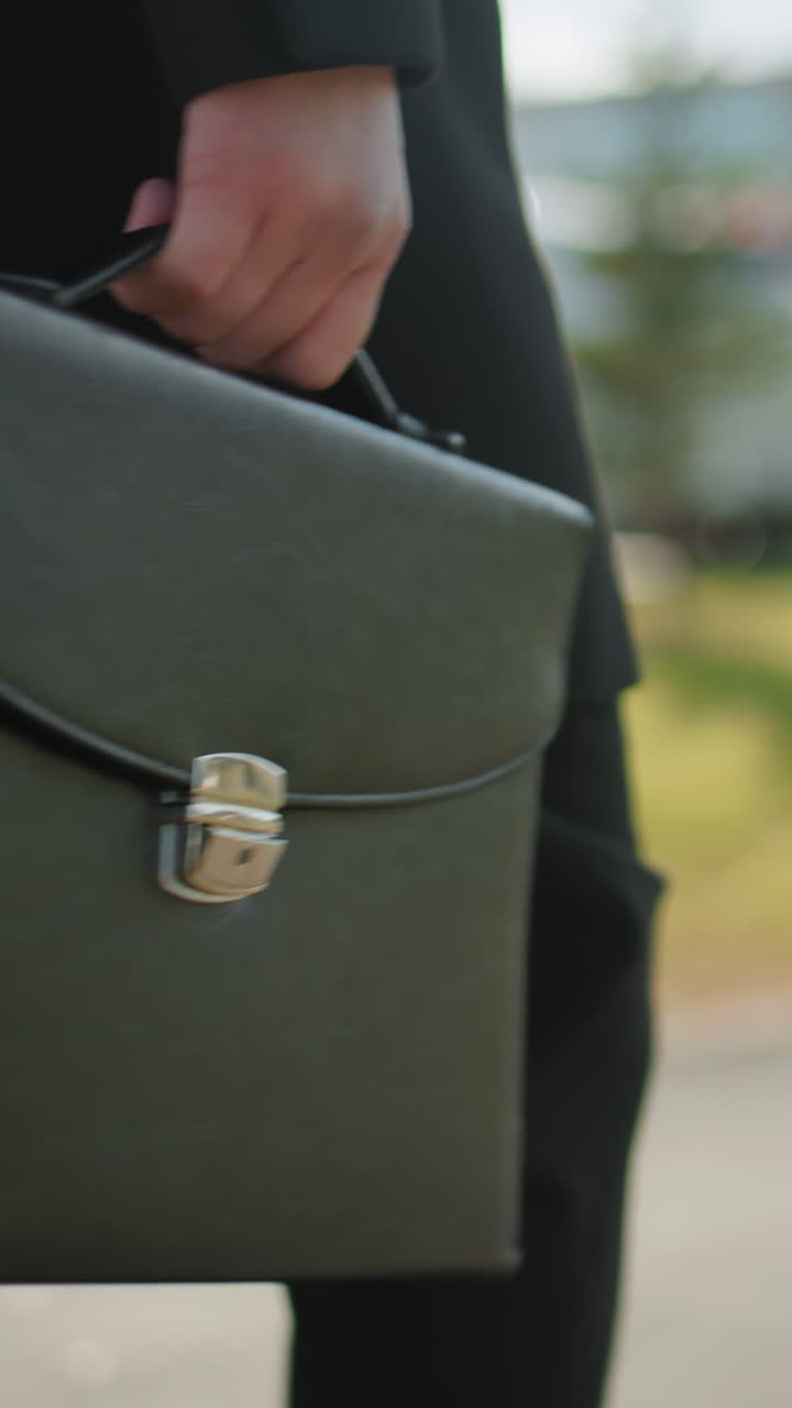 검은 코트를 입은 개인이 밖에서 고, 브리프케이스를 단단히 들고, 흐릿한 자동차, 초록색, 현대적인 유리 건물로 둘러싸여, 밝은 빛 아래 도시 환경에서