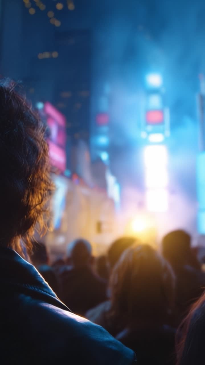 Una vivace scena notturna in un contesto urbano con spettatori che ammirano luci colorate e un'atmosfera vivace in una folla di entusiasti abitanti della città.