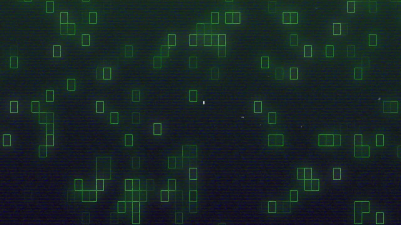 Digital glitch unfolding on dark background, green squares pulsing while blue red band flickering