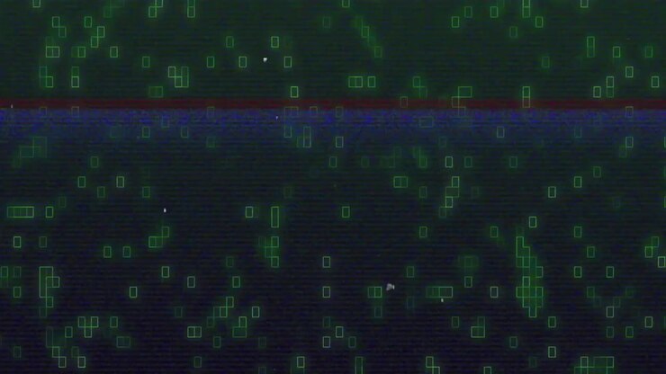 Digital glitch unfolding on dark background, green squares pulsing while blue red band flickering