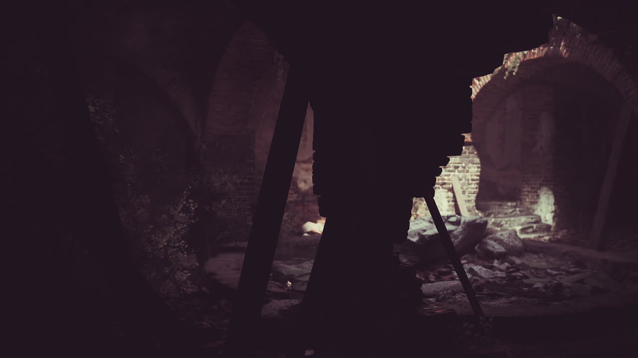 Abandoned building showcasing ruins and nature intertwining in darkness