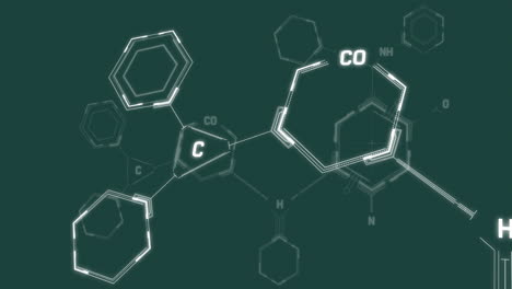 animation of chemical formula and data processing on green background