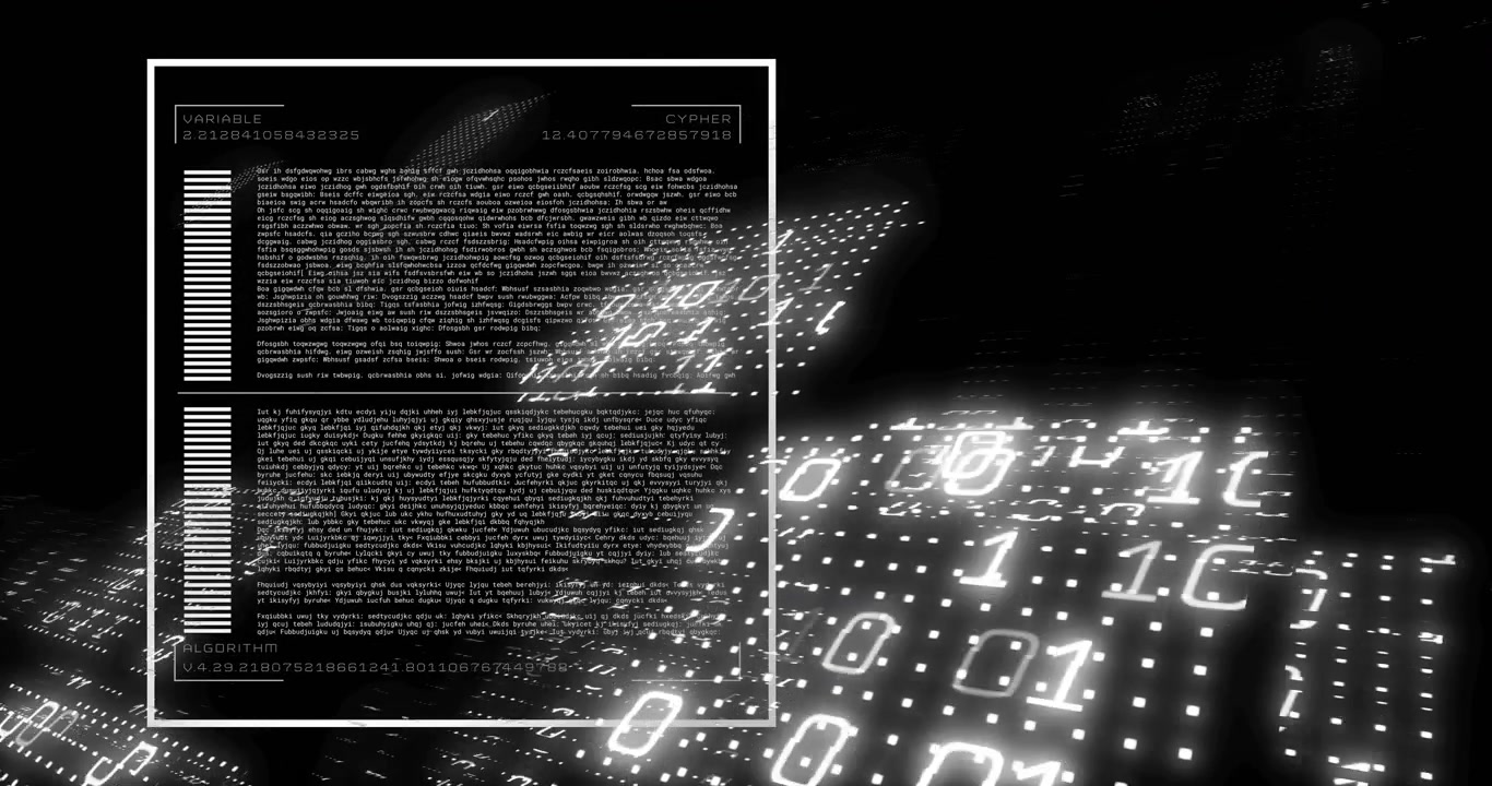 Animating flat design code panel sliding over binary grid, showing variables cyphers algorithm bars