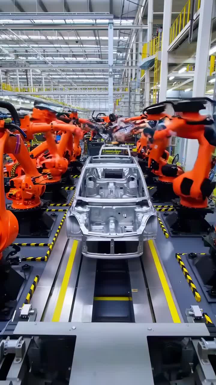 High-angle video of an automated car assembly line with robotic arms in ...